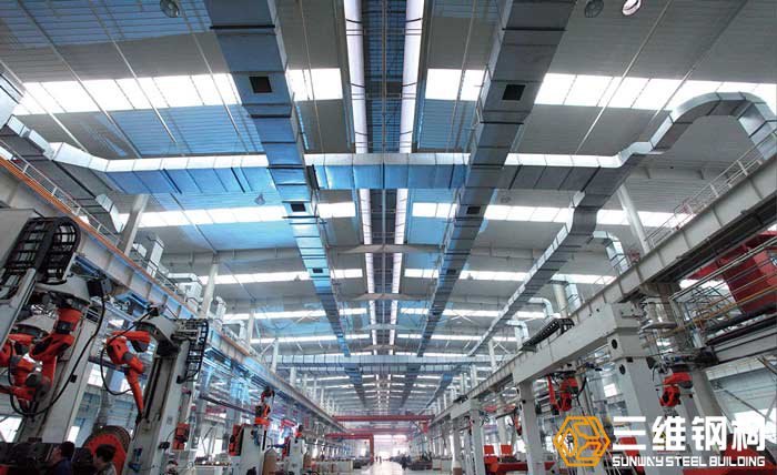 魯南裝備鋼結構廠房-刮板機車間建好之后的內部實物圖